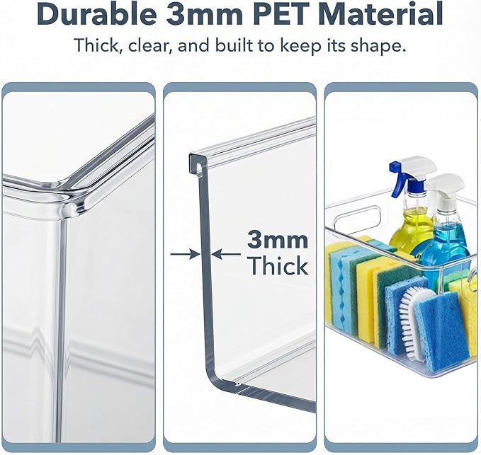 MOONEDGE 4 Pack Open Clear Plastic Storage Bins 11"x8"x6" Stackable Organizer Containers with Handle for Kitchen, Pantry, Fridge, Bathroom,Cabinet,Closet Storage