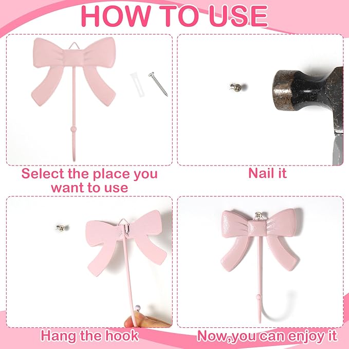 Geelin 4 Pcs Coquette Pink Bow Wall Hook Metal Decorative Bow Knot Door Hanger Rustic Coat Rack Towel Hook for Coat Hat Towel Multi-Purpose Bathroom Kitchen Living Room Home Decor