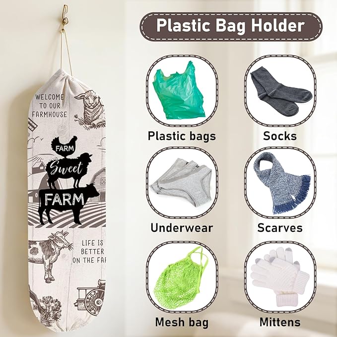2Pcs Farmhouse Plastic Bag Holder for Kitchen Essentials, Reusable Hanging Grocery Bag Organizer, Washable Large Grocery Trash Bags Storage Dispenser, Farmhouse Home Decor