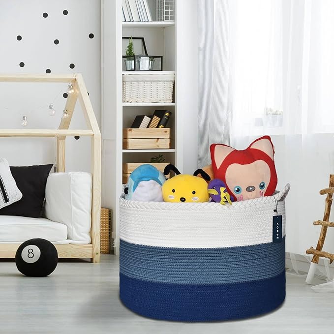 COMSE Extra Large Blanket Basket, Woven Laundry Basket, 21.7âx 13.8â, Nursery Hamper, Cotton Rope Laundry Hamper Living Room for Storage Toys Clothes Towels (White & Cadet Blue & Navy Blue)