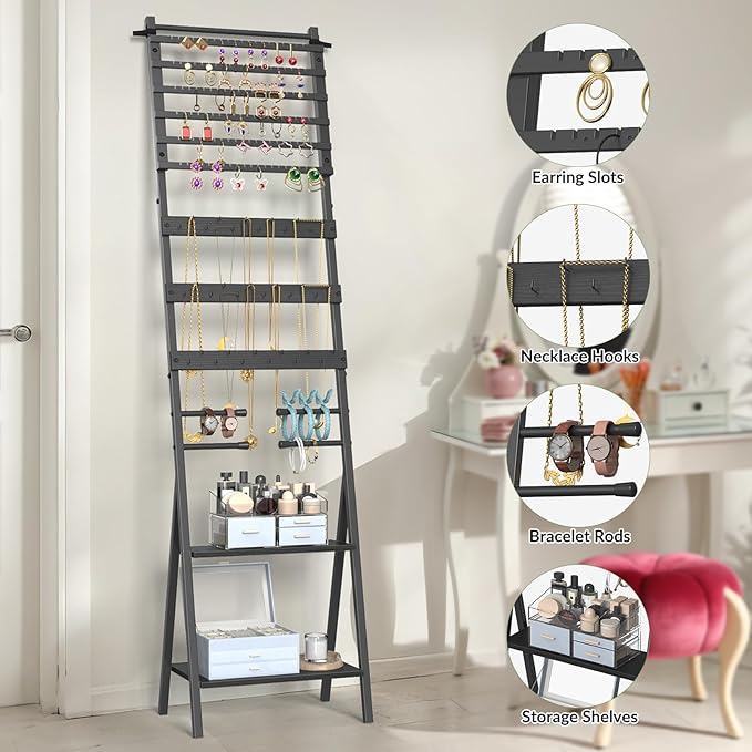 Jewelry Organizer Stand Floor Jewelry Holder Stand with Necklace Holder Earring Floor Stand, Tall Jewelry Armoire for Watches, Rings, Bangle, 54 Holes Metal Earring Rack, Black
