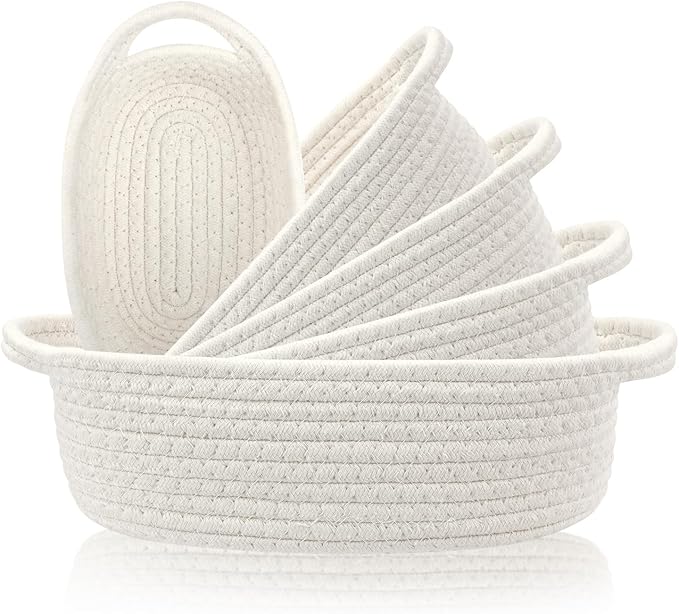 Rope Basket Set of 5, Cotton Woven Baskets Storage Bins, Small Bathroom Organizers and Storage, White Decor Basket for Toy Gift Toilet Snack Plant Picnic(White)