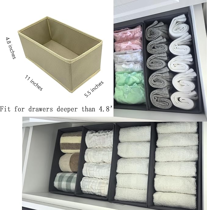 Sock Drawer Organizer 6 Pack - Collapsible Fabric Storage Bins for Underwear Divider, Small Closet Organizers with 6 Compartments, Khaki
