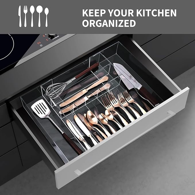 Clear Acrylic Drawer Organizer for Kitchen Utensils and Flatware, Adjustable Silverware Tray with 9 Compartments for Drawers, Office, and Bathroom Storage