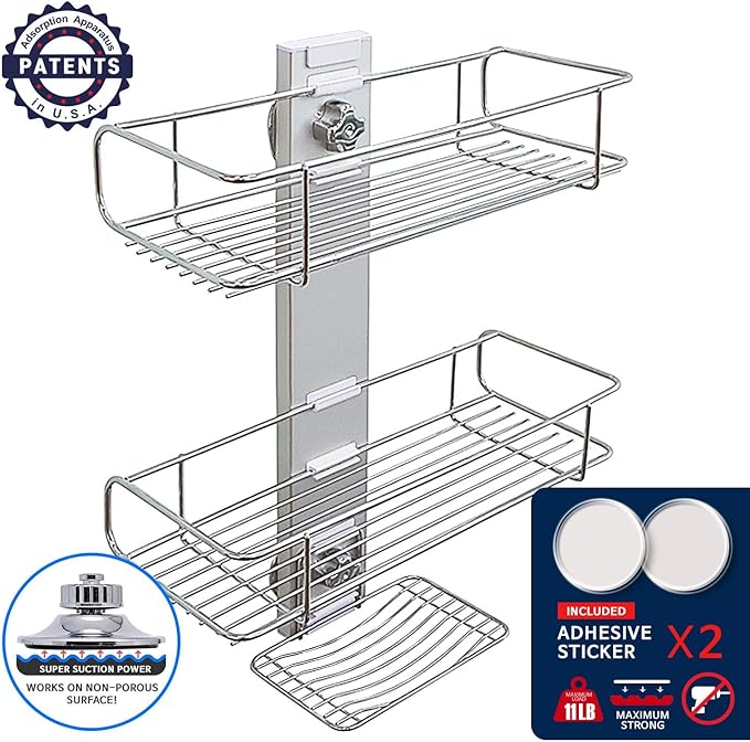 Bath Beyond BATHBEYOND Shower Caddy Suction Cup Tier Shower Shelf - Adjustable Shower Caddy 400 Stainless Steel No-Drilling and Extra Adhesive Sticker for More Stronger Suction, 3T-CADDY