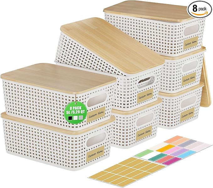 8 Pack Plastic Storage Bins with Bamboo Lids - Stackable Storage Baskets with Lids for Pantry Organizer and Storage, Small Plastic Stackable Storage Bins for Shelves, Office, Cabinet &Pantry,Nursery