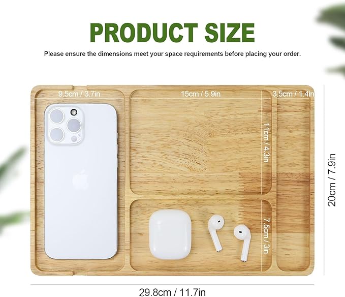 MultiBey Rubber Wood Valet Tray - Wooden Nightstand Organizer for Men Women, 4 Slot Desk Drawer Organizer Tray, EDC Catch All Tray with Cable Slot for Phone Watch Wallet Key Jewelry