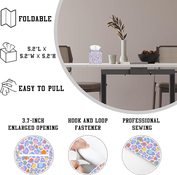 Tissue Box Cover Rainbow Leopard Skin Leather Tissue Box Holder Cube Paper Case Cover Facial Paper Organizer Dispenser for Bathroom, Vanity Countertop, Office Desk
