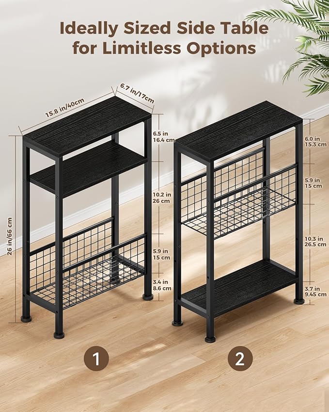 Karii Narrow Side Table, Skinny End Table for Small Spaces with Storage, 3-Tier Slim Wooden Bedside Nightstand Thin Couch Table for Living Room Bedroom Office Dorm Kitchen Bathroom (1, Black)