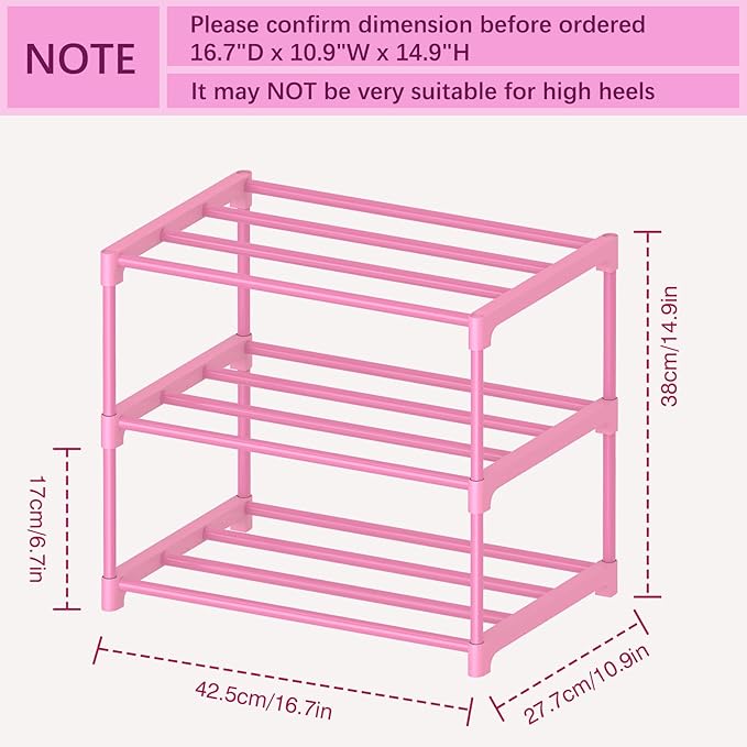 3-Tier Pink Shoe Racks for Women/Girls/Kids' Closet, Small Shoe Storage for 5-7 Pairs, Lightweight Stackable Shoe Shelf Organizer for Entryway, Front Door Entrance, Bedroom