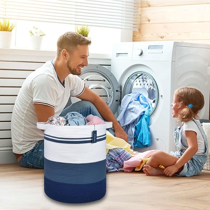 COMSE Extra Large Blanket Basket, Tall Laundry Basket, Nursery Hamper, 15.7âx 21.7â, Cotton Rope Woven Laundry Hamper for Storage Toys Clothes Towels, Gradient Blue