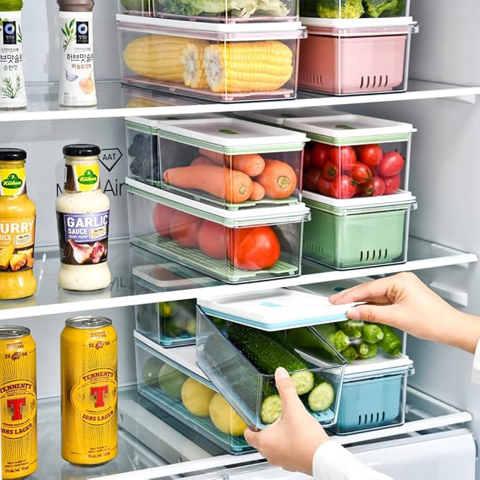 Lille Home Stackable Produce Saver, Organizer Bins/Storage Containers with Removable Drain Tray, Set of Six, for Refrigerators, Cabinets, Countertops and Pantry, BPA Free (Blue,Set of Six)