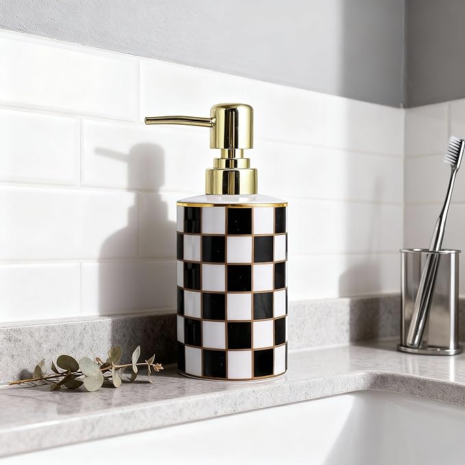 Checkered Bathroom Soap Dispenser,Gold Pump Ceramic Soap Dispenser,Kitchen Checkerboard Empty Pump Bottle,Bath Countertop Storage Organizer,Checkered Bathroom Decor (Black)