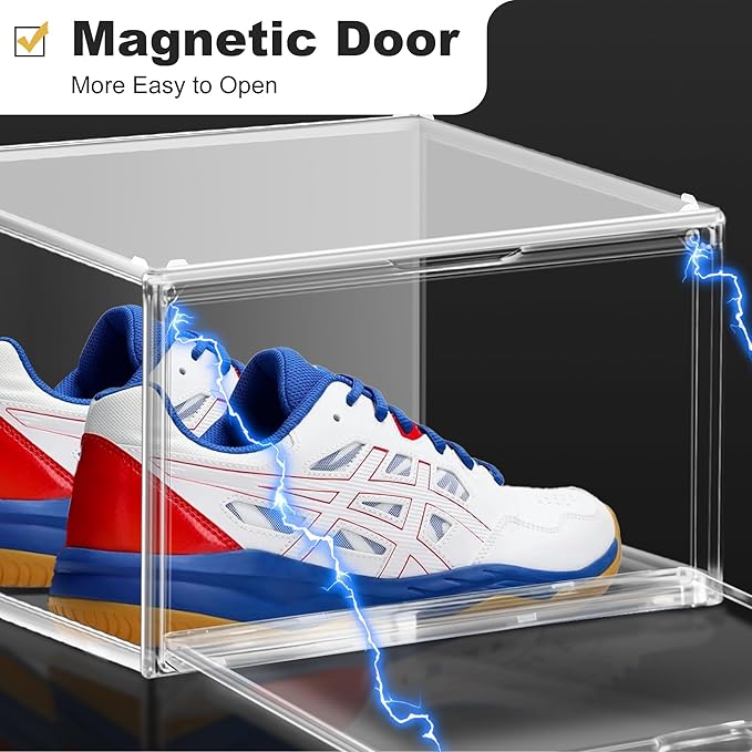 12 Pack Plastic Shoe Storage Boxes Fit US Size 13, Clear Stackable Shoe Display Case with Acrylic Magnetic Side Door, Shoe Containers for Sneaker Storage, Hats, Figure, Collectible