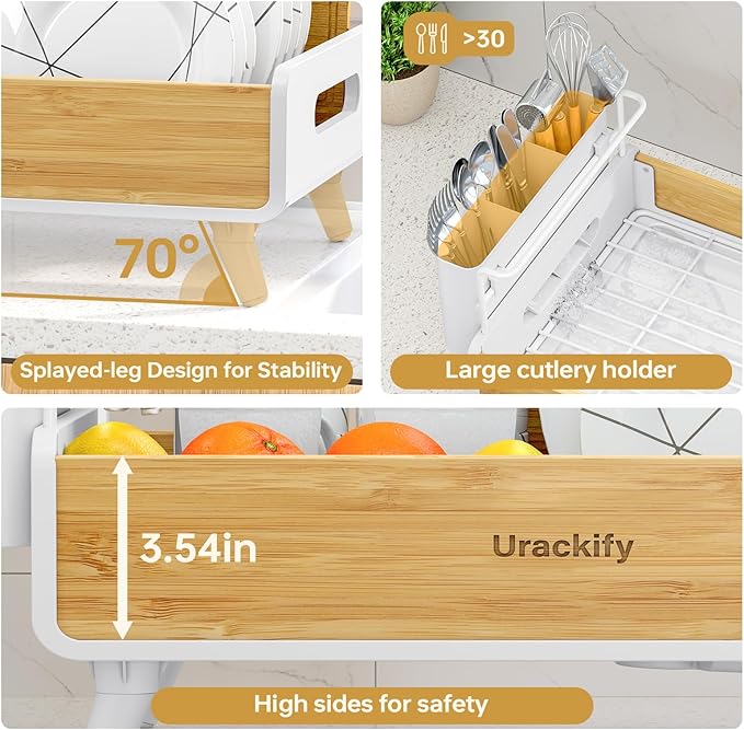 Dish Drying Rack for Kitchen Counter - Stainless Steel & Bamboo Dish Rack with Large Removable Utensil Holder, Dish Drainer with Adjustable Automatic Spout, White