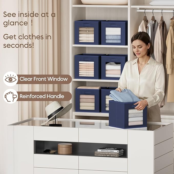 Storage Cube 11 Inch - Cube Storage Bins with Window, Closet Storage Baskets with Handle, Fabric Bins for Closet, Shelves, Toys, Clothes, Set of 16, Navy Blue