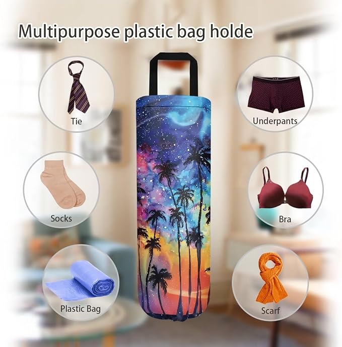 Hanging Plastic Bag Holder Dispenser Set of 2 Reusable Wall Mount Hanging Plastic Bag Storage Organizer for Grocery Bags,Tropical Palm Tree
