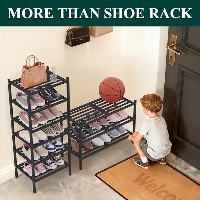 Smiry Bamboo Shoe Rack 5-Tier, Stackable Wooden Shoe Organizer for Entryway & Closet, Free Standing Wood Shoe Storage Shelf for Front Door & Small Spaces, Black