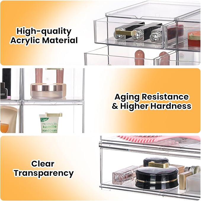 Stackable Storage Drawers, 6 Pack Clear Acrylic Organizer Bins with Golden Handles, Multi-Size Plastic Drawers for Makeup, Vanity, Kitchen, Bathroom, Office, Pantry Organization and Storage