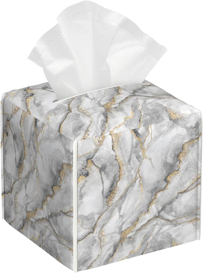Tissue Box Cover White Marble with Gold Veins Leather Tissue Box Holder Cube Paper Case Cover Facial Paper Organizer Dispenser for Bathroom, Vanity Countertop, Office Desk