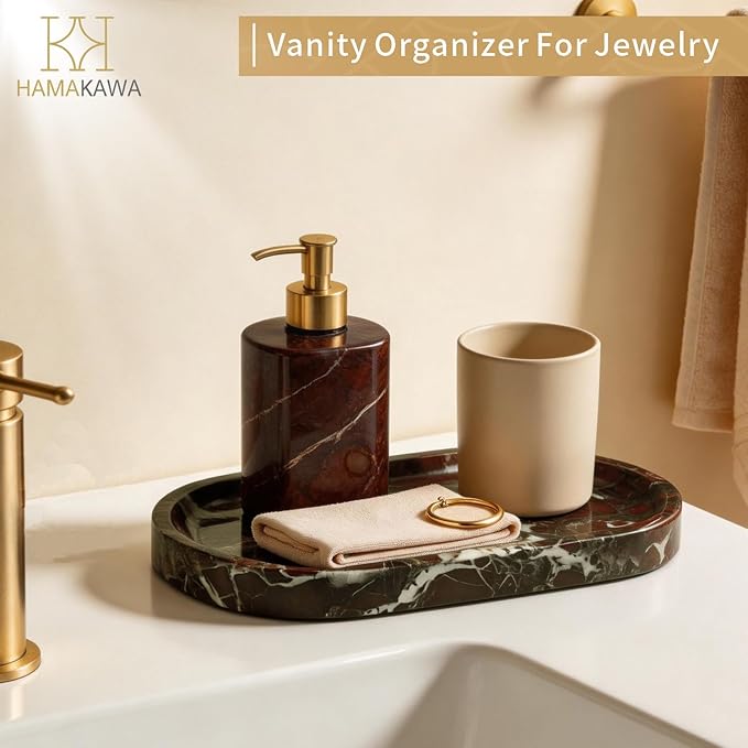 Bathroom Vanity Tray, Natural Marble Oval Tray 10 inch, Rosso Levanto Marble Vanity Tray for Soap Dispenser Modern Countertop Organizer for Kitchen Countertops, Home Decor