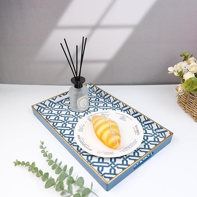 Spsyrine White Serving Tray, Plastic Marbling Tray for Coffee Table, Stylish Rectangular Decorative Tray with Handles, Ottoman Tray for Living Room, Bathroom, 15.6â X 10.2"