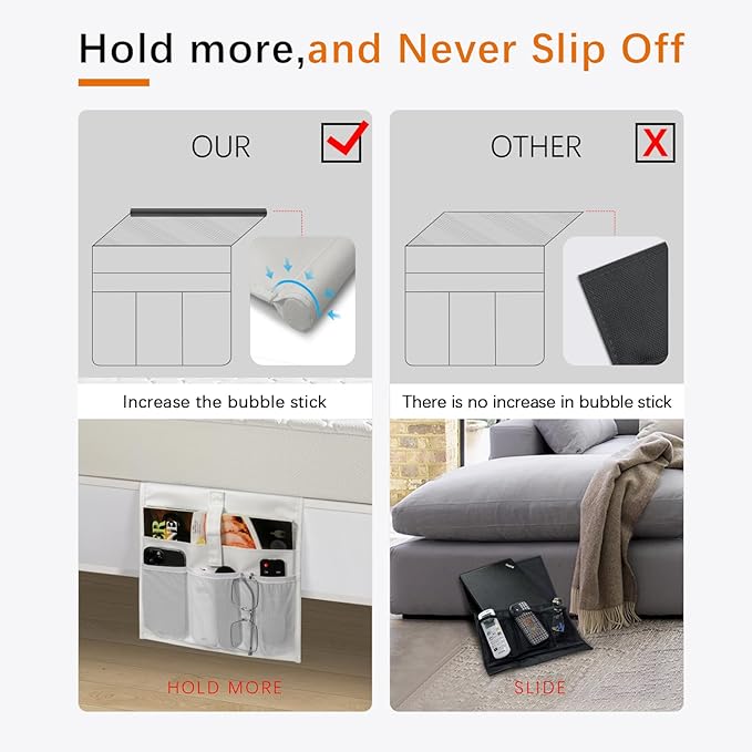 WOMACO Bedside Storage Caddy, Bed Side Pocket Organzier Remote Control Holder for Phones, Magazines, Tablets, Accessories - Medium, Gray