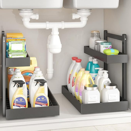 Under Sink Organizer - 1-Tier Pull Out Cabinet Organizer Vertical Slide Out Sink Shelf Storage Shelves for Multi-Purpose Bath Kitchen Bathroom Medicine (Black, 2 Packs)