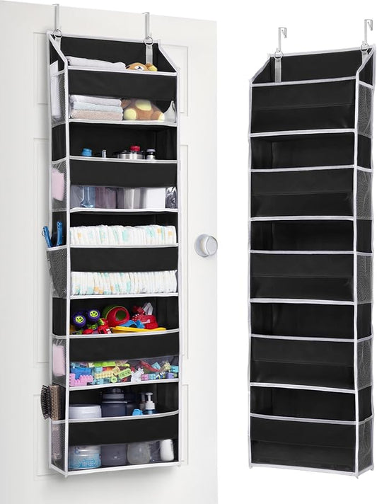 ULG 1 Pack Over The Door Organizer – 5 Shelf Door Organizer Hanging & 10 Side Pockets, Reinforced 44LB Capacity Hanging Organizer, Behind The Door Storage for Bedroom, Nursery, Pantry (Black)