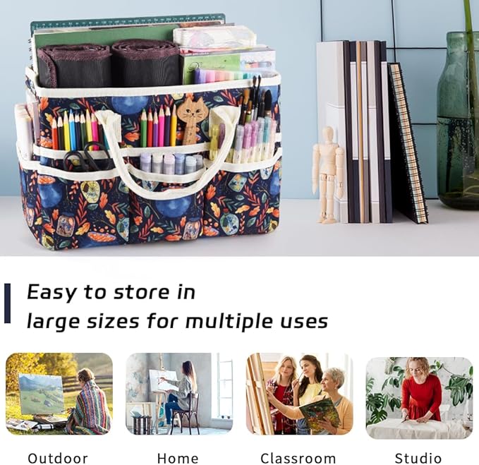E-WEICHEN Craft Organizer Tote Bag Art Storage Caddy with Multiple Pockets Containers for Art,Craft,and Office Supplies Storage.Black Magic