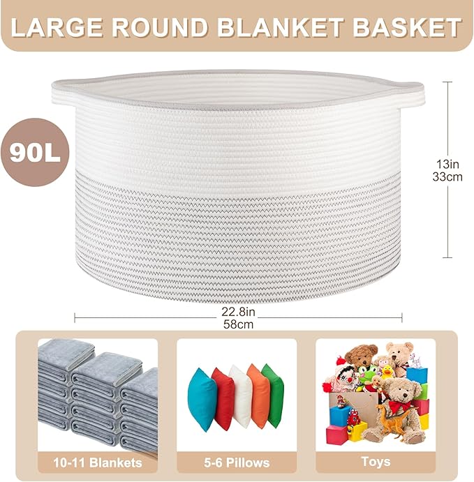 Large Blanket Basket with Handles, 22.8" x 22.8" x 13" Woven Storage Basket for Living Room, Cotton Rope Baby Toy Storage for Clothes, Pillows, Towels-Black and White