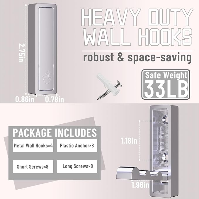 Wall Hooks for Hanging Coat, Heavy Duty Metal Hooks with Folding Storage Foldable Wall Hooks for Entryway Bathroom Kitchen Bags Towels Closet, 4Pcs Silver