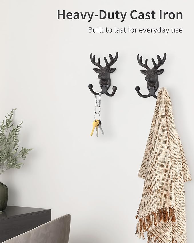 Rustic Deer Head Cast Iron Wall Hooks - Heavy Duty Decorative Coat Hooks Wall Mount for Hanging Key Hat Towel Leash, Vintage Animal Decor Hanger for Farmhouse Cottage Entryway Mudroom 2 Pack