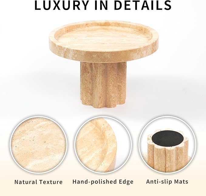 Travertine Marble Perfume Tray - Round Decorative Stone Pedestal with A Scalloped Leg for Bathroom Vanity Coffee Table Kitchen Countertop, Footed Jewelry Holders Organizers