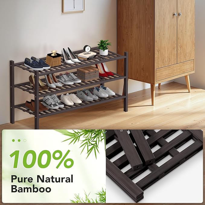 Haddockway Long 3 Tier Bamboo Shoe Rack Storage Organizer,Multifunctional Free Standing Stackable Shoe Shelf with Grid Panel for Closet,Hallway,Entryway,Small Space 34.2"x11"x20"