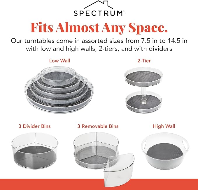 Spectrum Small Lazy Susan Organizer 7in for Cabinets Refrigerator Pantry Table Pack of 2, Rotating Storage Spice Rack Turntable for Sauces Jams or Tiny Jars, Spinning Fridge Organizer, Charcoal Gray