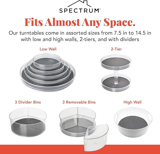 Spectrum Removable Compartment Lazy Susan 3 Bin Storage Organizer 11 in Charcoal Gray, Lazy Susan Turntable Spinning Storage for Cabinet Refrigerator Pantry Table Pantry Bath Kitchen Organization