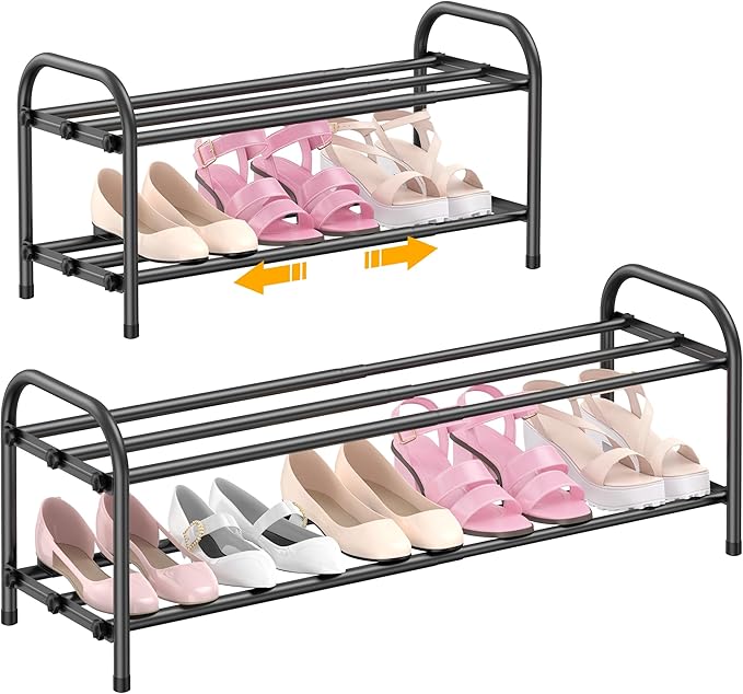 2-Tier Expandable Shoe Rack for Entryway，Adjustable Metal Shoe Organizer for Closet,Living Room,Dorm,Black