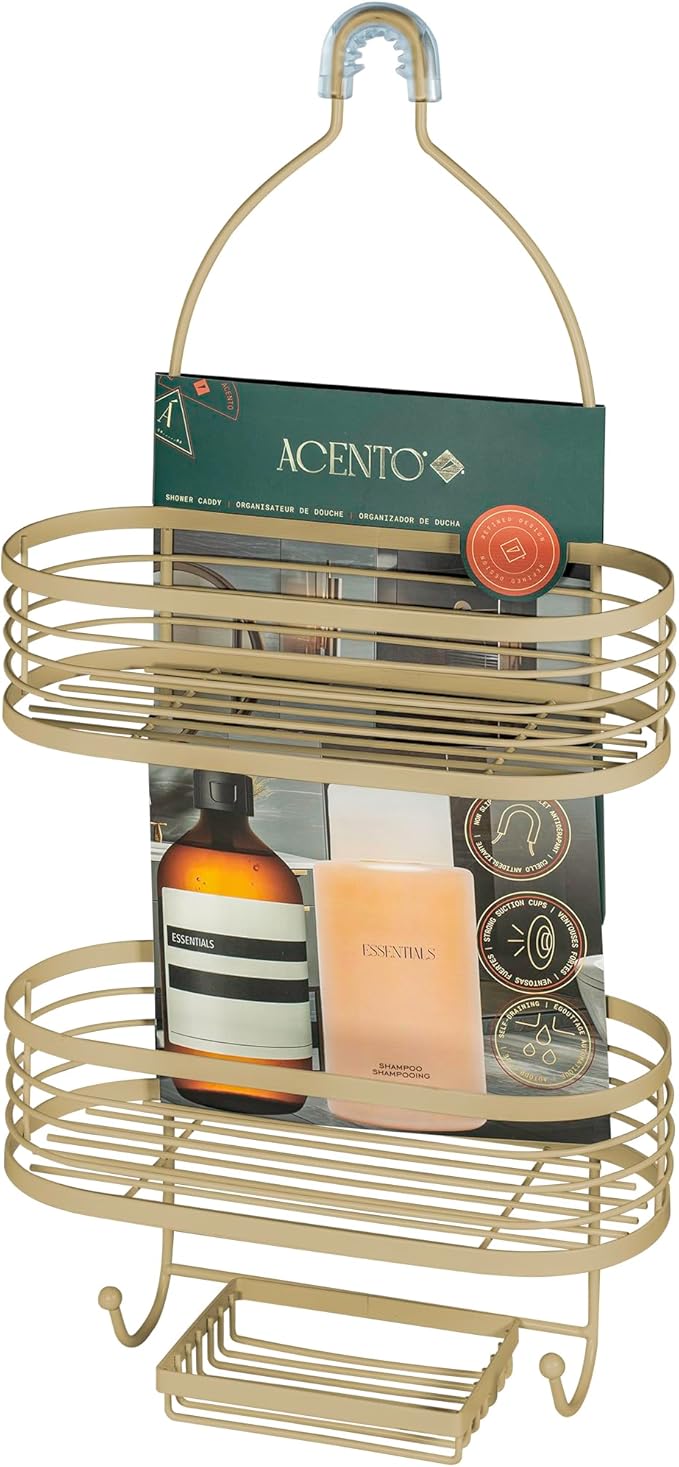 ACENTO Hanging Shower Caddy 3-Tier Extra Wide in Gold, Bathroom Shower Organizer with Hooks & Suction Cups with Soap Basket