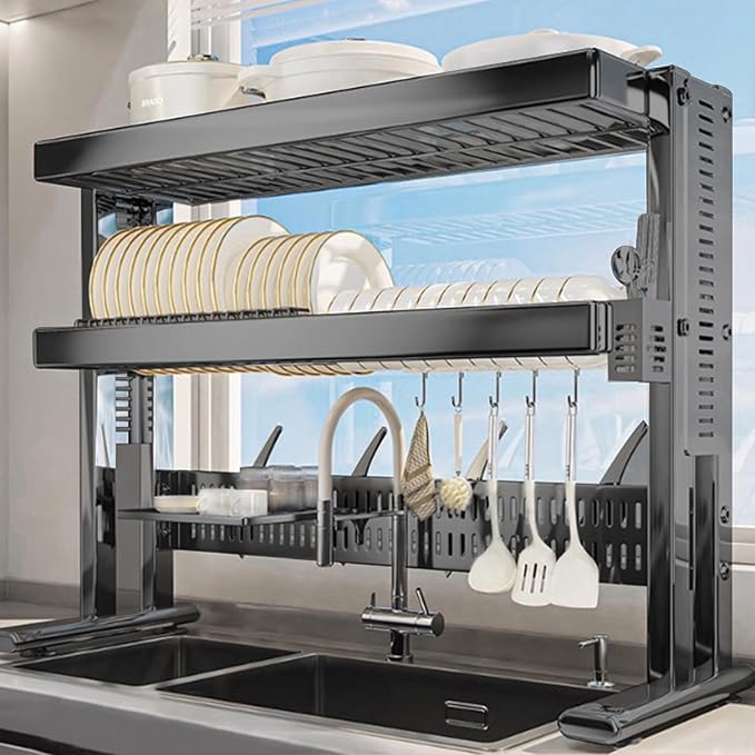 Large Over The Sink Dish Drainer Drying Rack，2 Tier Large Capacity Stainless Steel Dish Drying Rack Over Sink, Multifunctional Kitchen Organizers and Storage Dish Rack (Black, Double Layer)