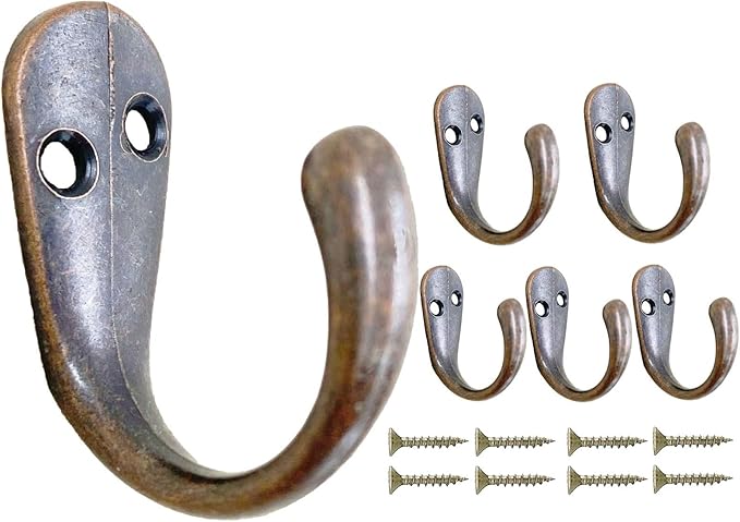 6 Pack Coat Hooks Heavy Duty, Antique Copper Single Entryway Hooks for Wall Door, Metal Utility Hook for Hanging Clothes Jackets Robes Towels Hats Keys Bags Cups