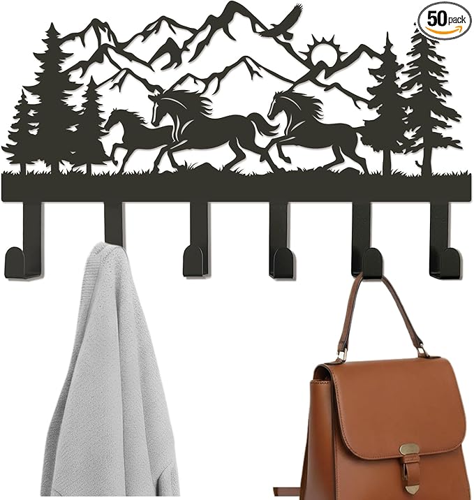 Metal Black Coat Hooks Wall Mount and Coat Rack Hanger for Hanging and Storage Ideal for Living Room, Hallway, Office, Backpack, Bags, Towel, Clothes and Hat (Horse)