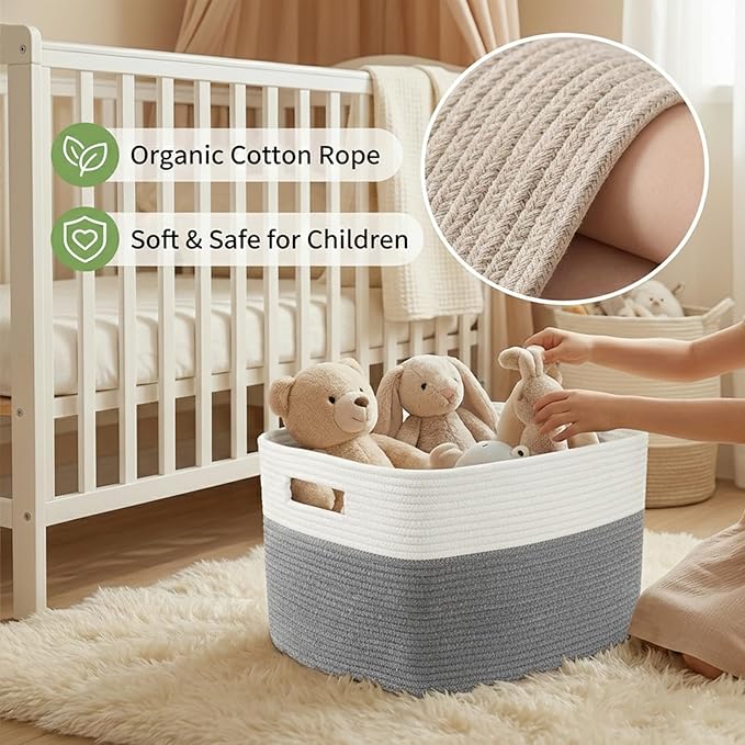 Woven Blanket Basket,65L Large Storage Bin for Blankets Toys Clothes,Decorative Rope Basket for Living Room Bedroom with Handles, White&Grey