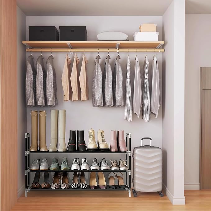 Shoe Rack - 3-Tier Non-Woven Stackable Shoe Shelves for Entryway, Closet, Bathroom 30cm(D) x 92cm(W) x 55cm(H) -Black (3-Tier Non-Woven)