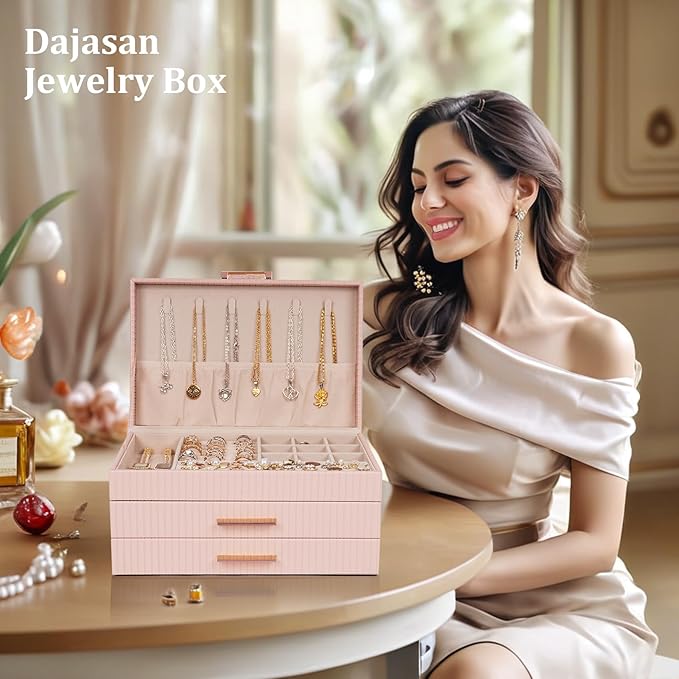 Dajasan Jewelry Box for Girls, Jewelry Organizers and Storage, Large Jewelry Organizer Box with 2 Drawers, Gift Idea for Christmas, Valentine's Day, Birthday, Mother's Day (Pink)