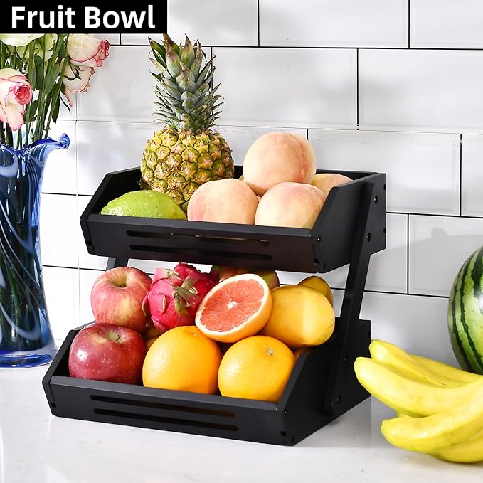 Bamboo Fruit Basket, 2 Tier Fruit Bowl for Kitchen, Fruit Stand Holder for Fruit and Vegetables Storage, Idea Home Kitchen Countertop Organizer