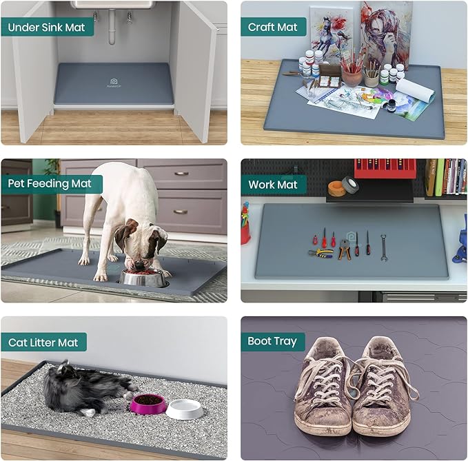 Under Sink Mat, 34" x 19" Silicone Kitchen Cabinet Tray, Waterproof & Flexible Under Sink Liner for Kitchen Bathroom and Laundry Room