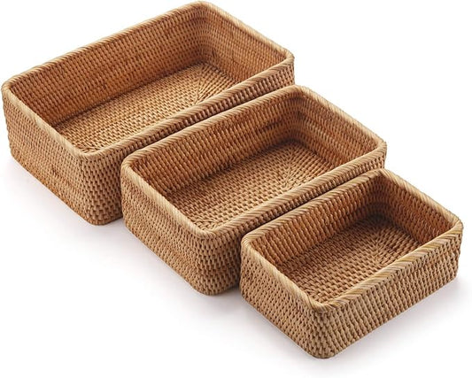 Natural Rattan Fruit Storage Baskets Rectangular Woven Wicker Box for Key Holder Remote Stackable Natural Set of 3