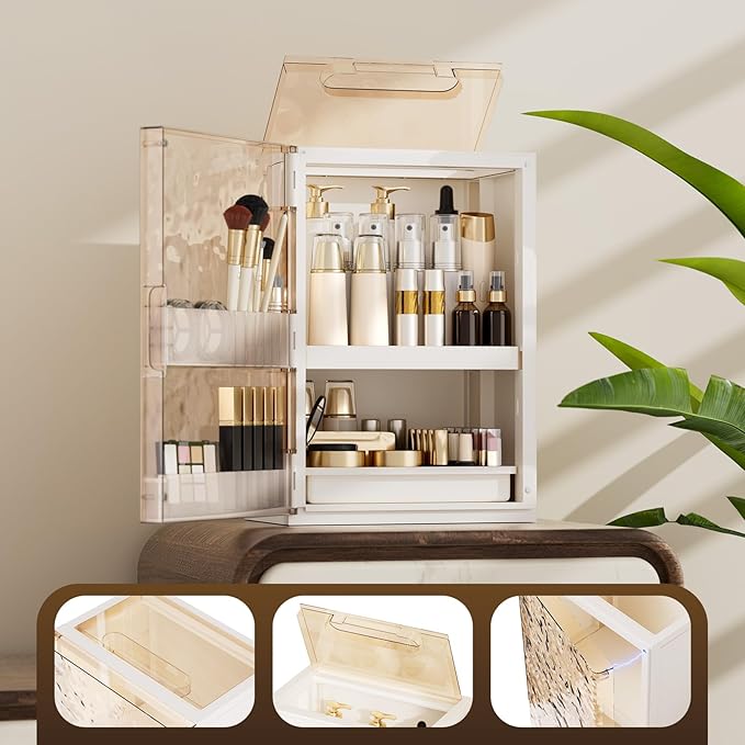 Makeup Organizer with Drawers,Skincare Organizer for Vanity,Large Cosmetic Display Case with Handle,Storage Organizers with Cover and Makeup Brush Holder for Dresser, Bathroom Countertop