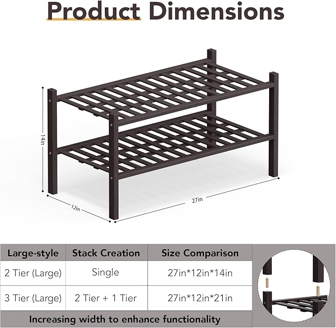Haddockway Large 2 Tier Bamboo Shoe Rack Storage Organizer, Multifunctional Free Standing Stackable Shoe Shelf with Grid Panel for Closet,Hallway,Entryway,Small Space 27"x12"x14"